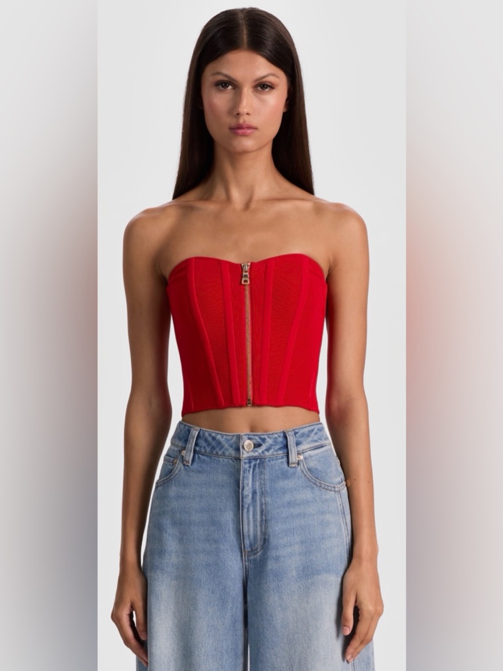 Alice + Olivia Tasha Zip-Front Corset Top.